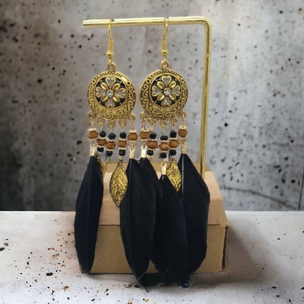 Black Boho Feather Tassel Floral Beaded Dangle Earrings Tribal Native Gypsy New